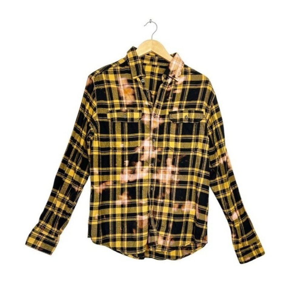 Unbranded Long Sleeve Splatter Plaid Flannel Shirt in Yellow/Black - Sz M*